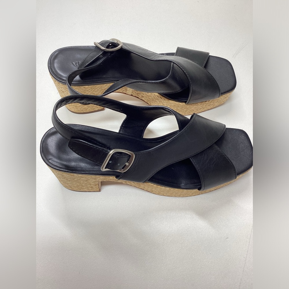 Vince Clementina Platform Raffia Black Crisscross Leather Slingback Sandals